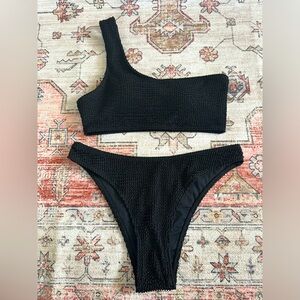 One Shoulder Black Ribbed Bikini Set
